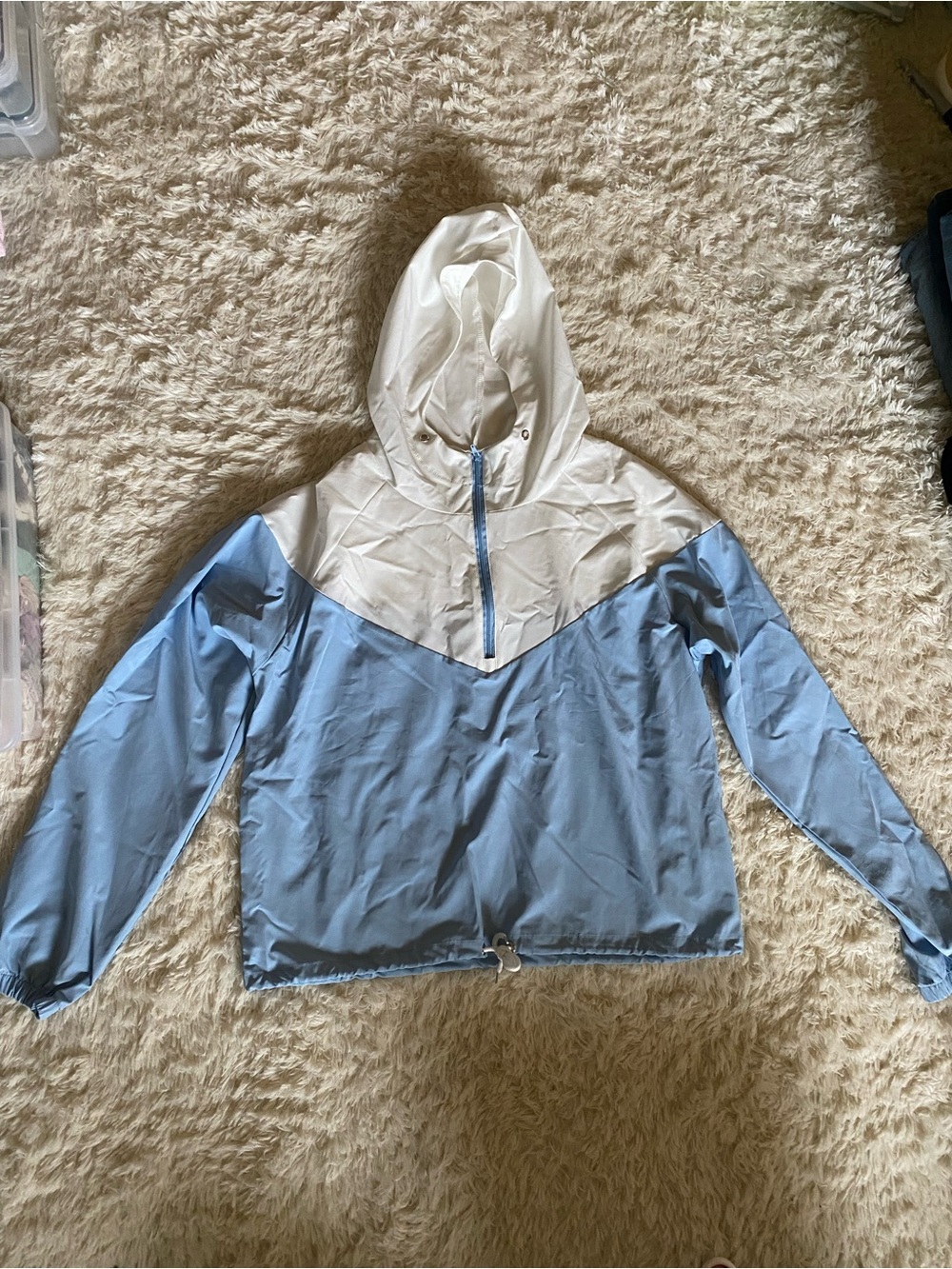 Light Blue and White Hooded Windbreaker Jacket - Women